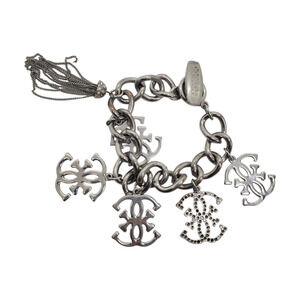 Vintage Guess Logo Big Charm Bracelet Silver Tone Rhinestone Tassel Chain Chunky